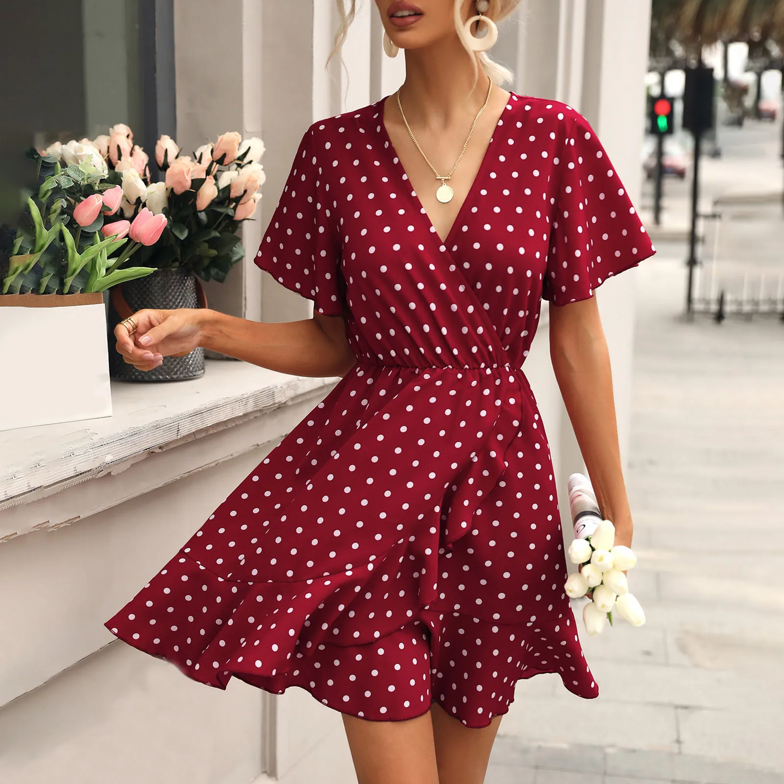 

Mini Dress for Women Prom Dresses Evening Elegant Midi Dress Dots Printed Women's Summer Sundresses Casual Boho Beach Dresses