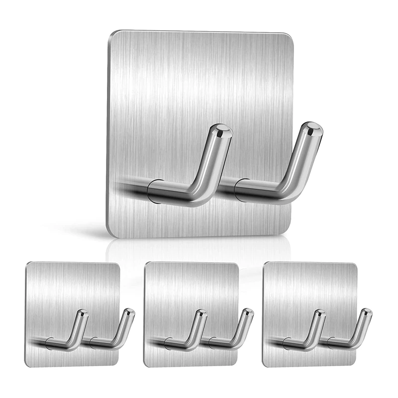 

4 Pcs Adhesive Hooks,Stainless Steel Twin Spike Wall Hooks,Towel Hook,Kitchen Bathroom Holder For Razor,Loofah,Spatula