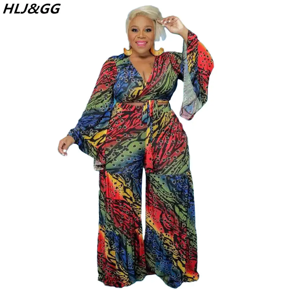 HLJ&GG Plus Size Retro Print Two Piece Sets Women V Neck Long Sleeve Crop Top + Wide Leg Pants Outfits XL-5XL Casual 2pcs Suits