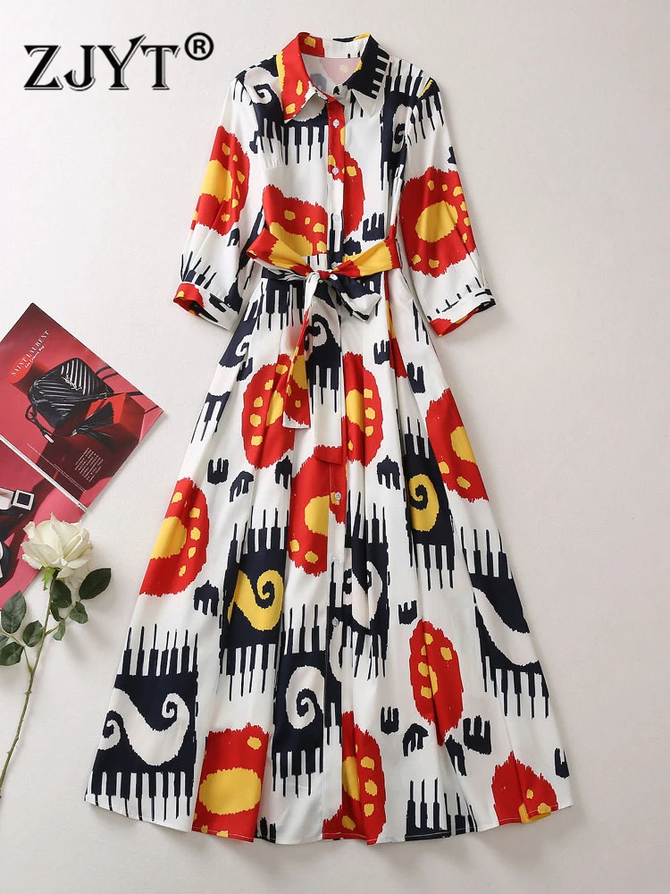 

ZJYT Runway Spring Summer Dress Abstract Print Midi Vestidos for Women 2023 Three Quarter Sleeve Holiday Robe Femmes Long Casual