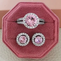 2pcs pack silver color bride jewelry set halo engagement ring round stud earring for wedding gift j4931 pink