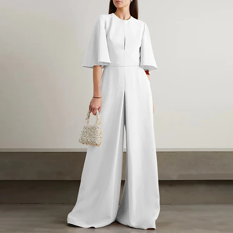

Simple Fashion Loose Women's Jumpsuit 2023 Chic Half Sleeve High Waist One Piece Romper Lady Solid Wide Leg Pants Party Overall