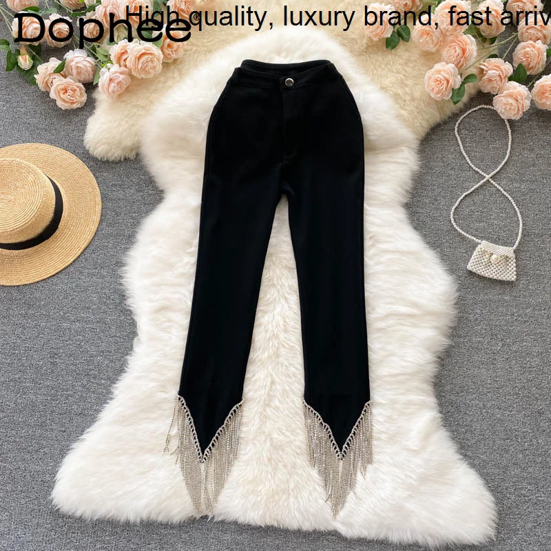 Street Heavy High Hot Drilling Black Tassels Skinny Trend 2023 Autumn Women Clothing Elegant All-Match Ankle-Length Pants