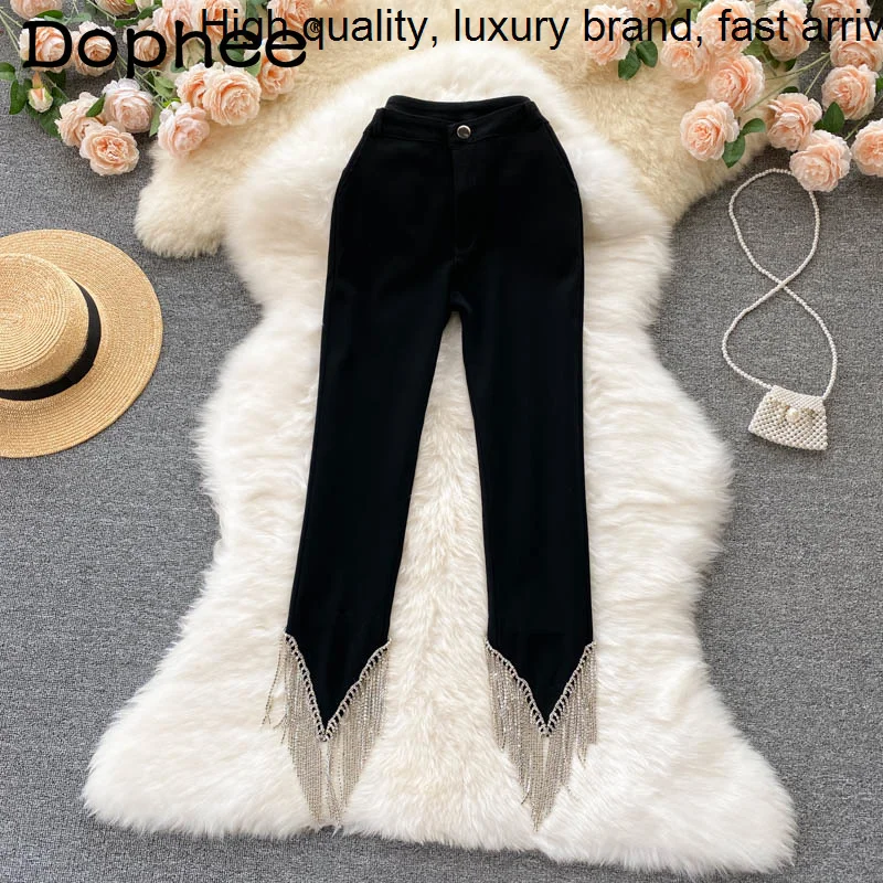 

Street Heavy High Hot Drilling Black Tassels Skinny Trend 2023 Autumn Women Clothing Elegant All-Match Ankle-Length Pants