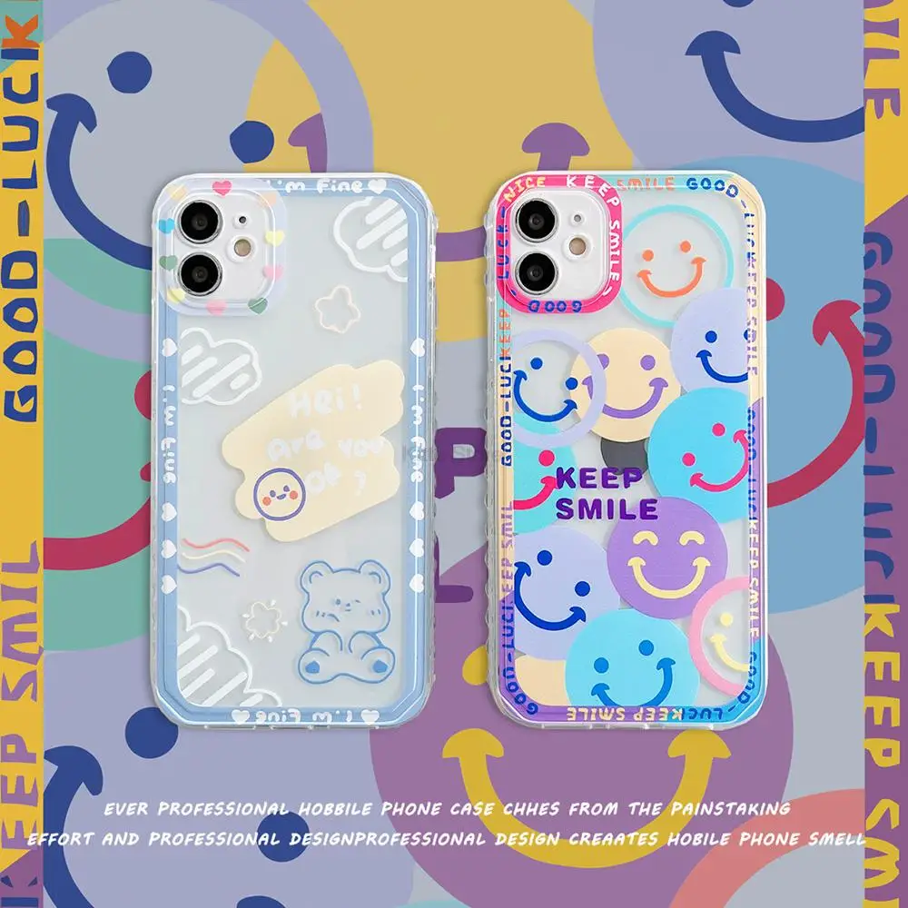 

Cute Smiley Case for iphone 11 13 12 Pro Max XR X XS Max 7 8 Plus SE 2020 13 12 Mini Cartoon Clear Silcone Cover Bumper Fundas