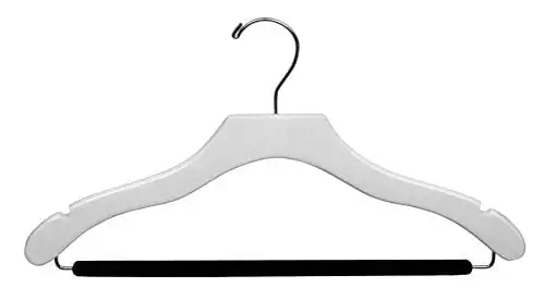 

Hanger Wooden Wavy Suit Hanger w/Velvet Bar, White with Chrome Hardware, Box of 100 Organizer Clothing Storage Rack