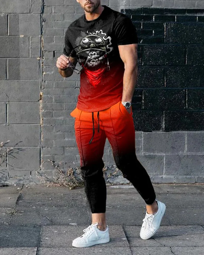 Smokes Smile Face Short T Shirt Trousers Set Long Pants Tracksuits Sportwear 2 Piece Suit Men's Clothes Orangutan Printed Sets