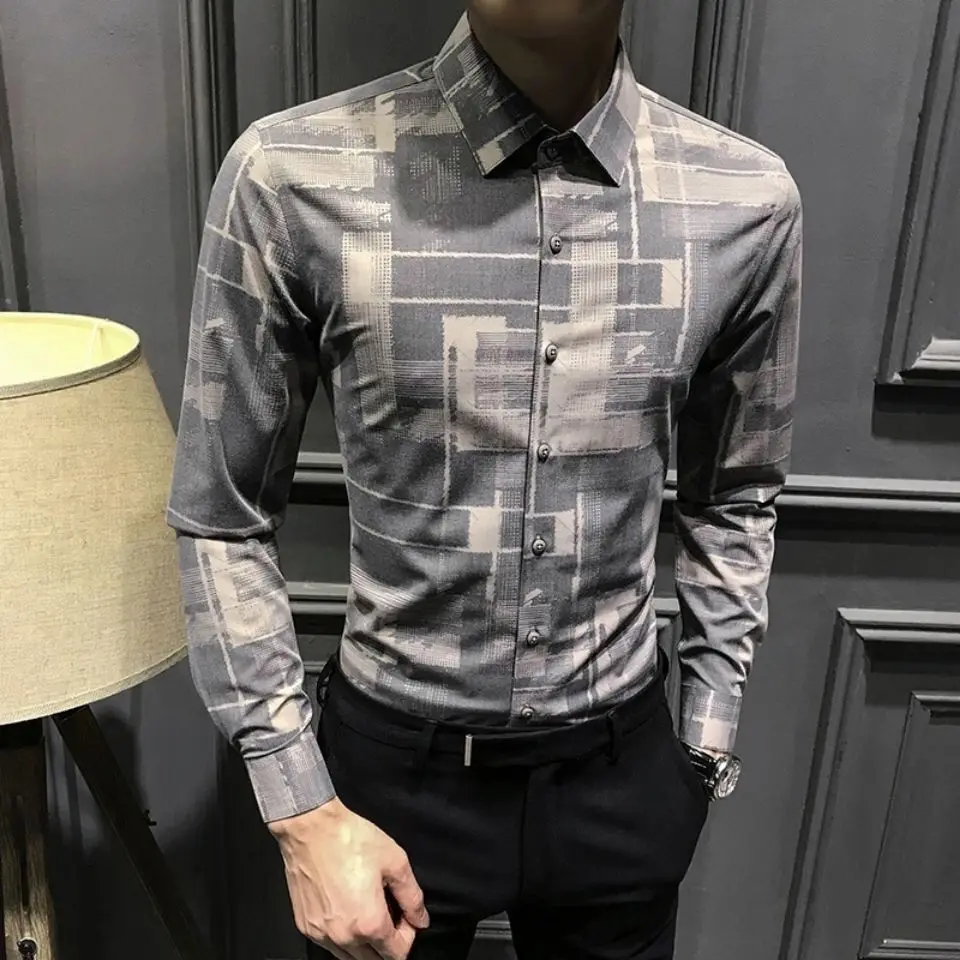 New personality flower shirt men's Korean fashion autumn long sleeve plaid shirt casual handsome slim jacket