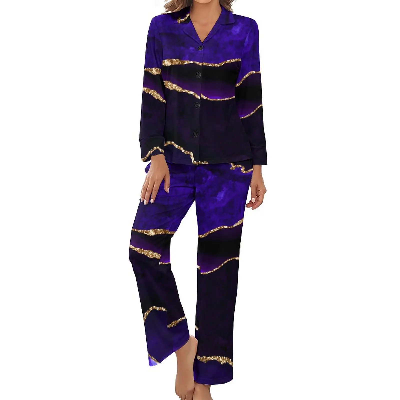 

Marble Print Pajamas Women Purple and Gold Soft Sleepwear Spring Long Sleeve Two Piece Home V Neck Custom Pajama Sets