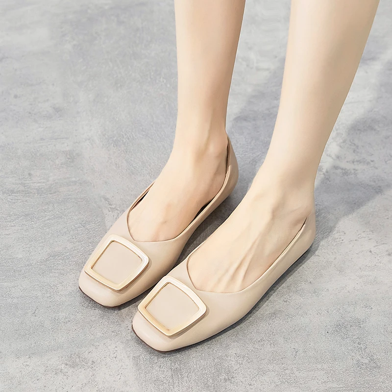 new Leather Shoe Woman Square Toed Flat Soft Sole Comfortable women's Shoes Non-slip Casual lady Shoe Metal Decoration Female
