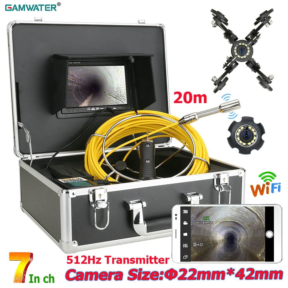 

GAMWATER 7 inch WiFi Wireless Drain Sewer Pipeline Industrial Endoscope System 512hz Transmitte 1000TVL Pipe Inspection Camera