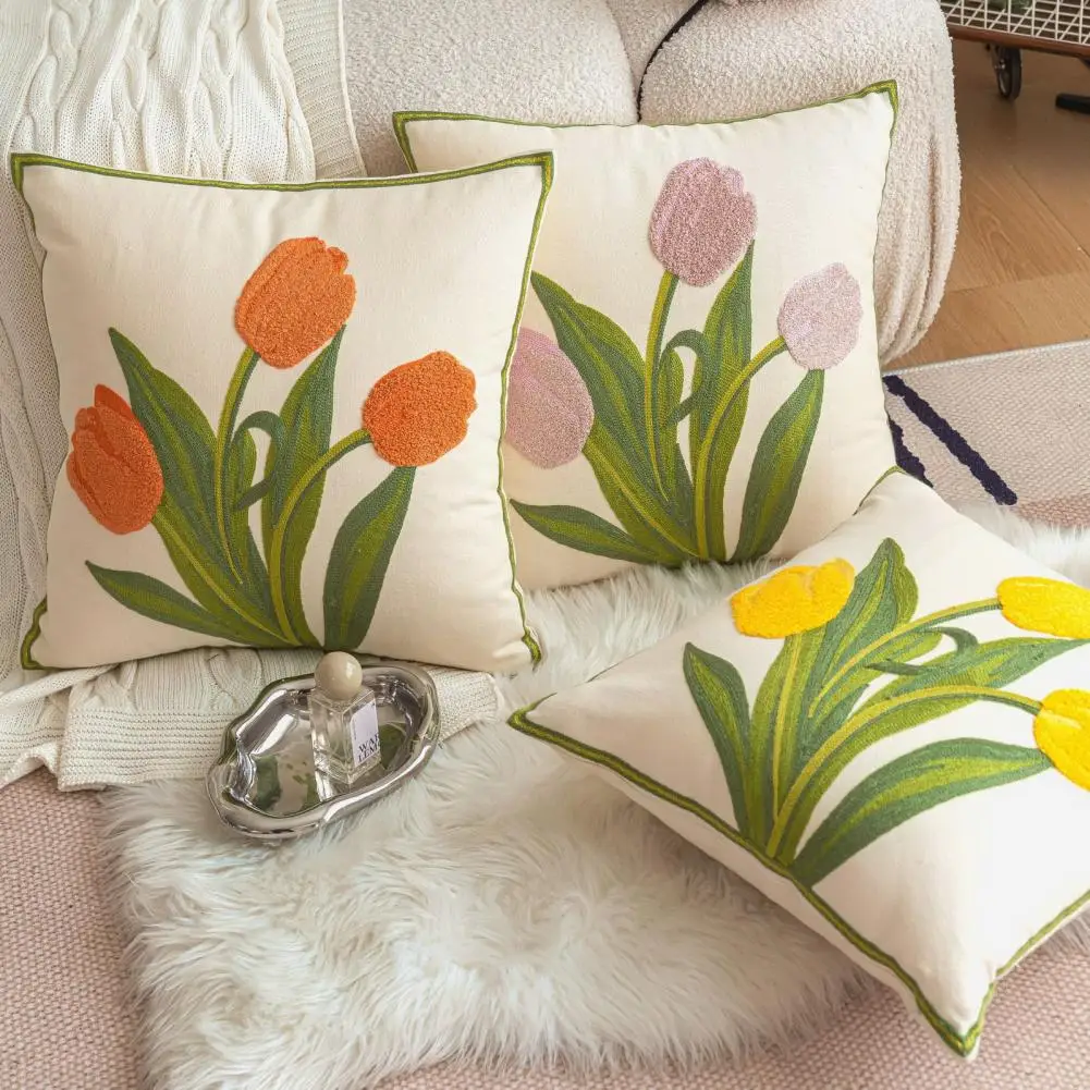 

Retro Tulips Orchid flower Embroidered Pillowcase Cushion Cover Morden Casual Cotton Case Sofa Bedroom Decro 45x45cm