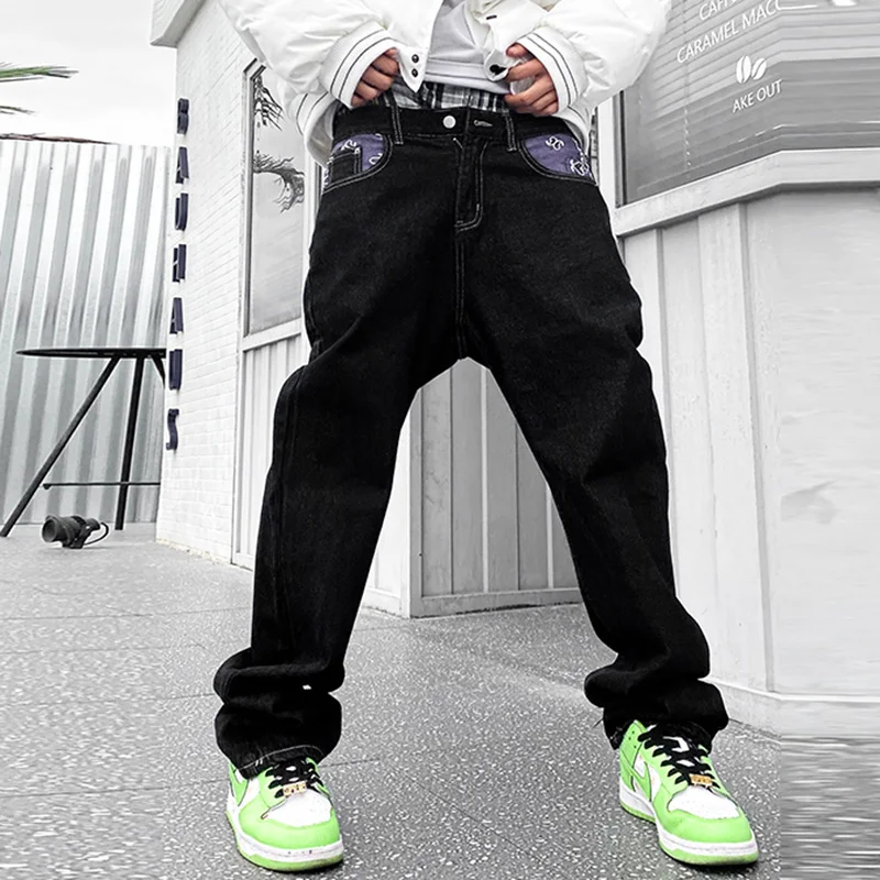 Jeans Pants Mens Streetwear Straight Washed Retro Oversized Casual Denim Trousers Waist Cashew Print Letter Pactchwork Ripped