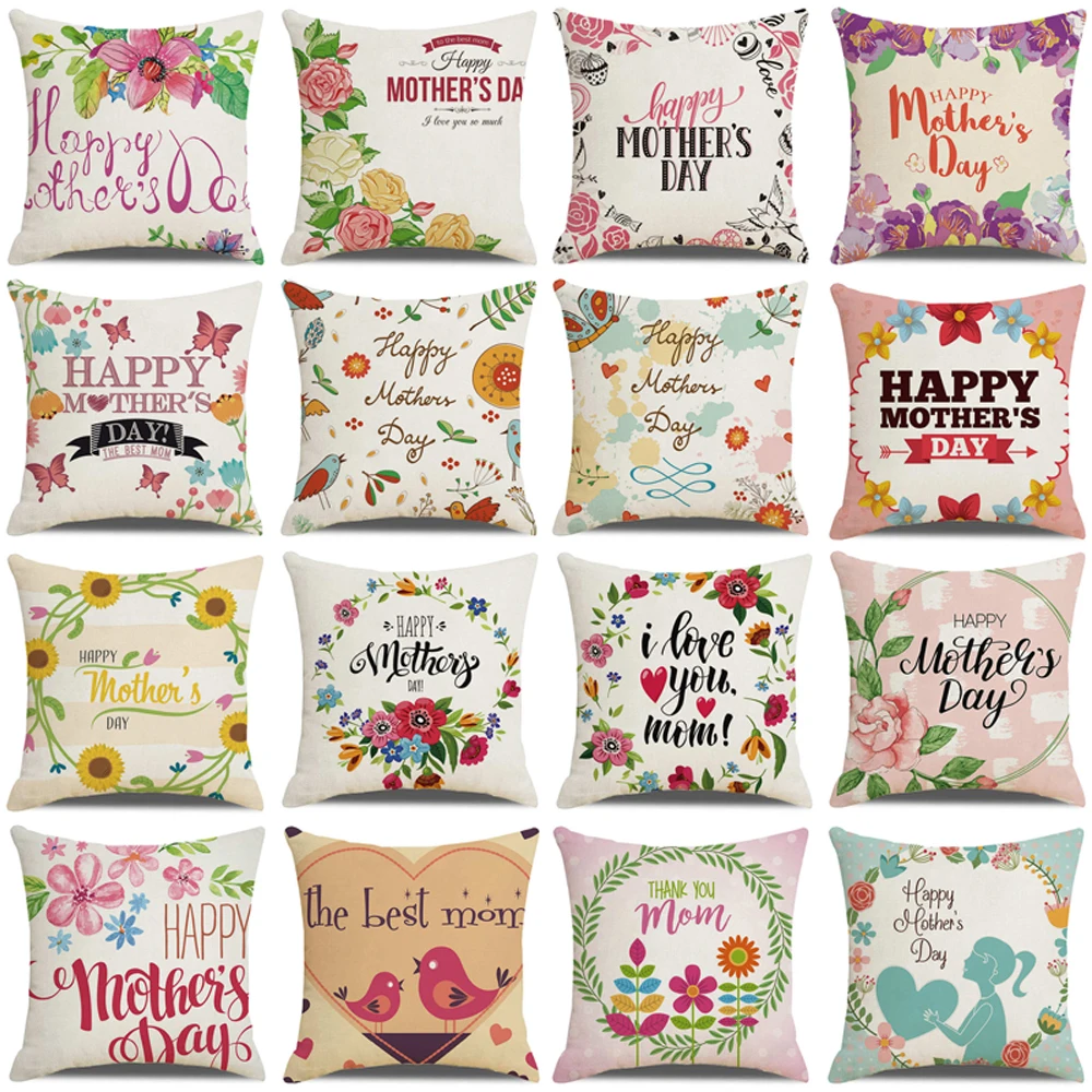 

Happy Mother's Day Pillow Cover Flower Leaves Print Linen Cushion Cover Home Decoration Throw Pillow Case Best Mom Gifts 45x45cm