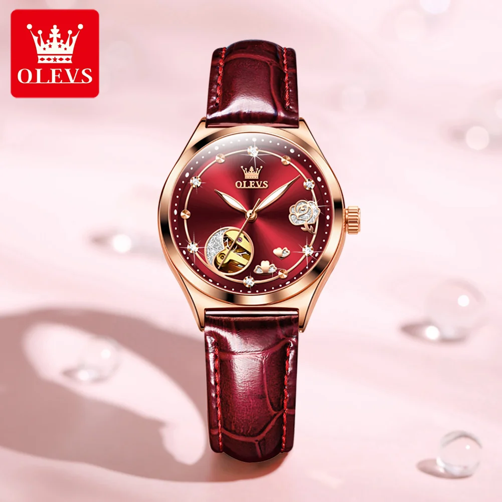 

OLEVS New Luxury Women's Skeleton Mechanical Watch Genuine Leather Strap Diamond-set Automatic Women Watch Relógio Feminino