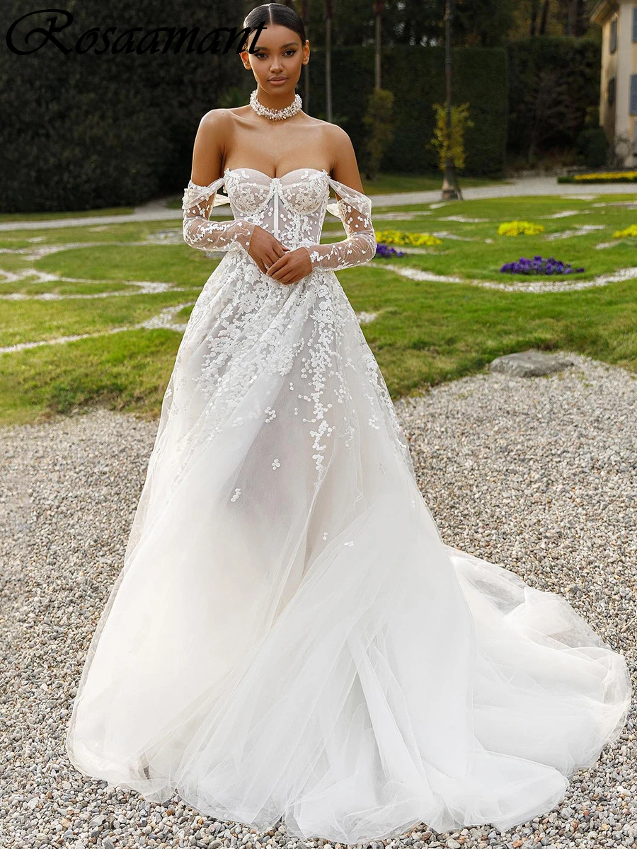

Country Illusion Appliques Lace Wedding Dresses A-Line Off The Shoulder Long Sleeve Bridal Gowns Robe De Mariée