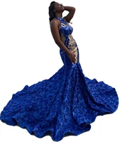plus size royal blue evening dresses african 2022 halter neck backless trumpet prom dress black girls gold sequin formal party