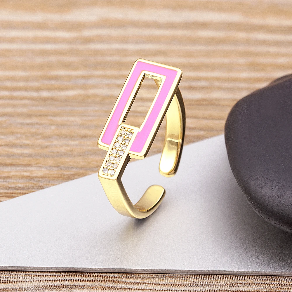 

AIBEF Fashion 8 Colors Geometric Hollow Rectangle Zircon Dripping Oil Opening Rings Korean Simple Jewelry Wedding Party Gift