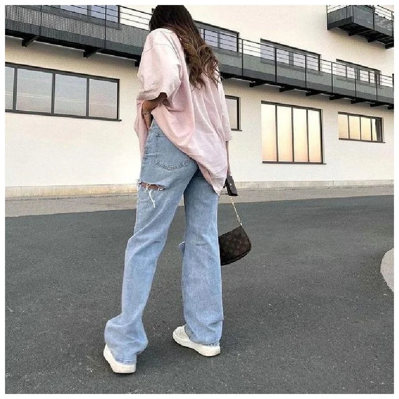 New Fashion Ripped Hole Washed Casual High Waist Straight Jeans Women's Mother Jeans Women's Pants 2021 New Summer