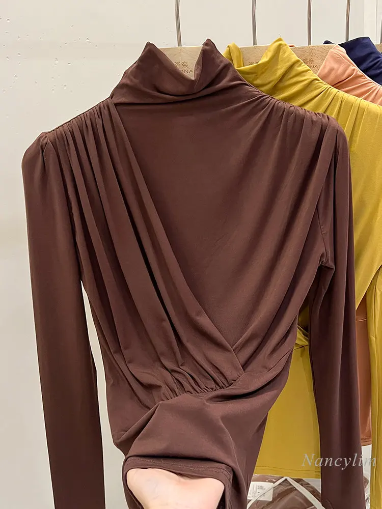 

Женская плиссированная футболка с длинным рукавом, с высоким воротником