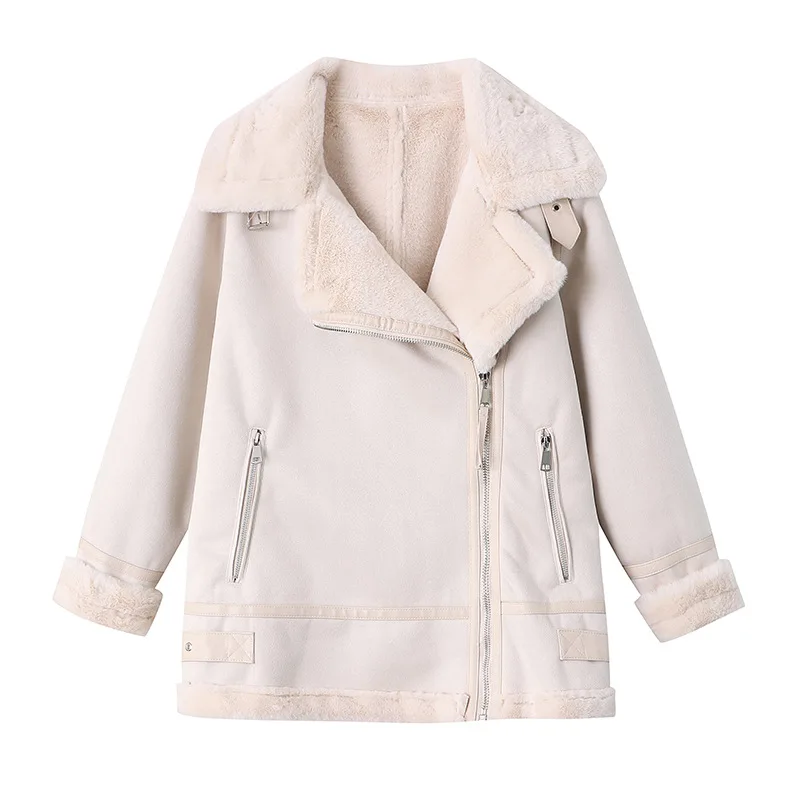 LXUNYI Shearling Coat Women 2023 Thick Warm Long Sleeve Loose Motorcycle Jacket Plush Korean Winter Ladies Suede Oversize Beige