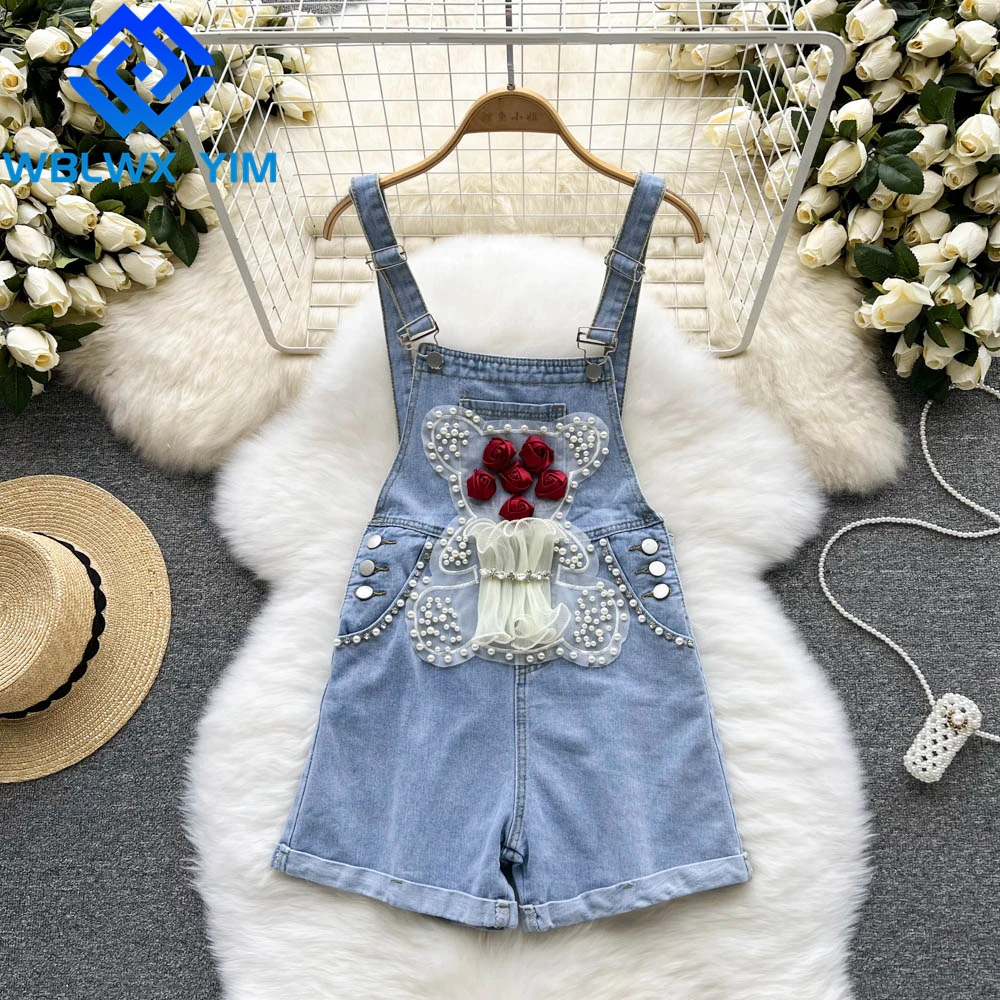 

Denim Overalls Shorts Women Diamond Bead Fashion Bear Patch Sleeveless Jumpsuits Suspenders Jeans Shorts Loose High Waist Shorts