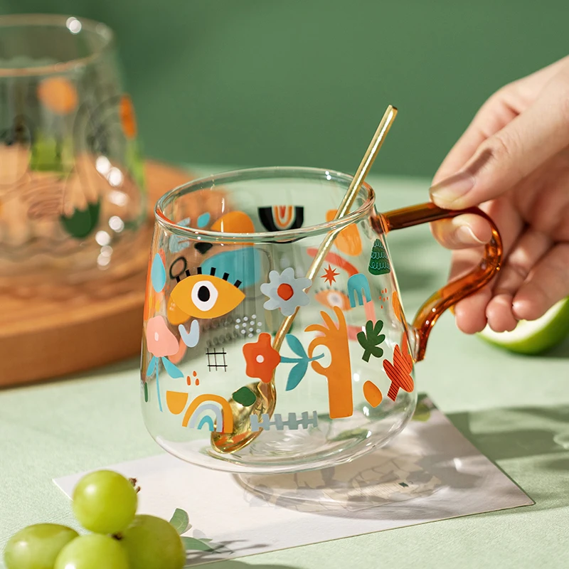 

440ml Graffiti Portrait Glass Teacup Household Coffee Mug Party Office Juice Water Drink Cup Heat Resistant Couple Mug