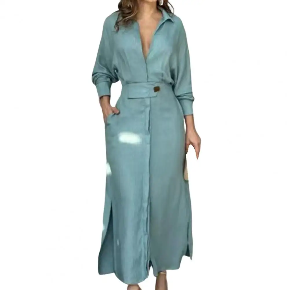 Шикарное Однотонное Платье макси с длинным рукавом платье-рубашка длиной до