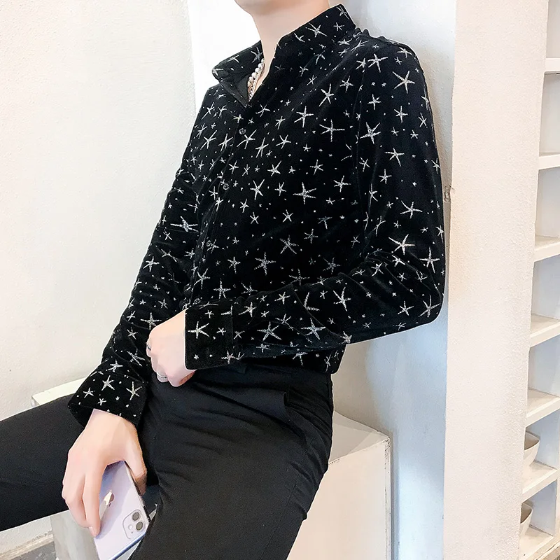 Velvet Men Shirts 2021 Autumn Winter Long Sleeve Luxury Tuxedo Dress Shirt Vintage Casual Slim Fit Shirt Plus Size Male Clothing