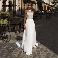 halter neck chiffon wedding dresses 2022 high split lace appliques backless bridal gowns court train beach style for sexy women