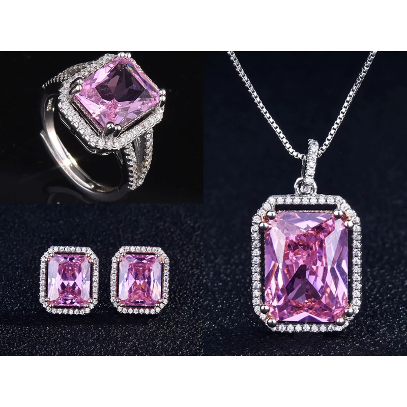 

Luxury Jewelry Sets Europe America Fashion Square Pink Crystal Zircon Pendant Necklace Women Elegant Wedding Rings S925 Earrings