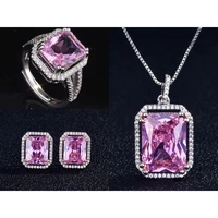 luxury jewelry sets europe america fashion square pink crystal zircon pendant necklace women elegant wedding rings s925 earrings