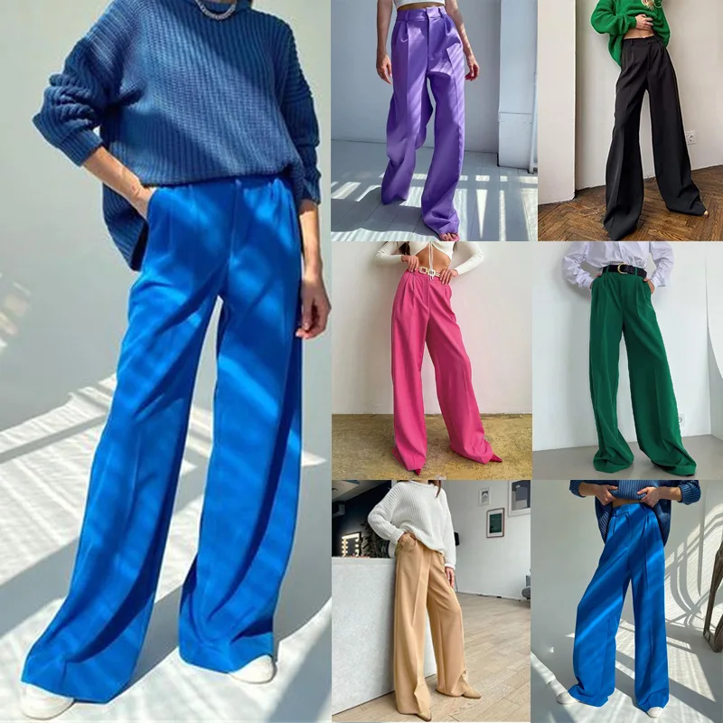 

Blue Office Women'S Pants 2023 Fashion Loose Full Length Ladies Trousers Casual High Waist Wide Pants For Women
