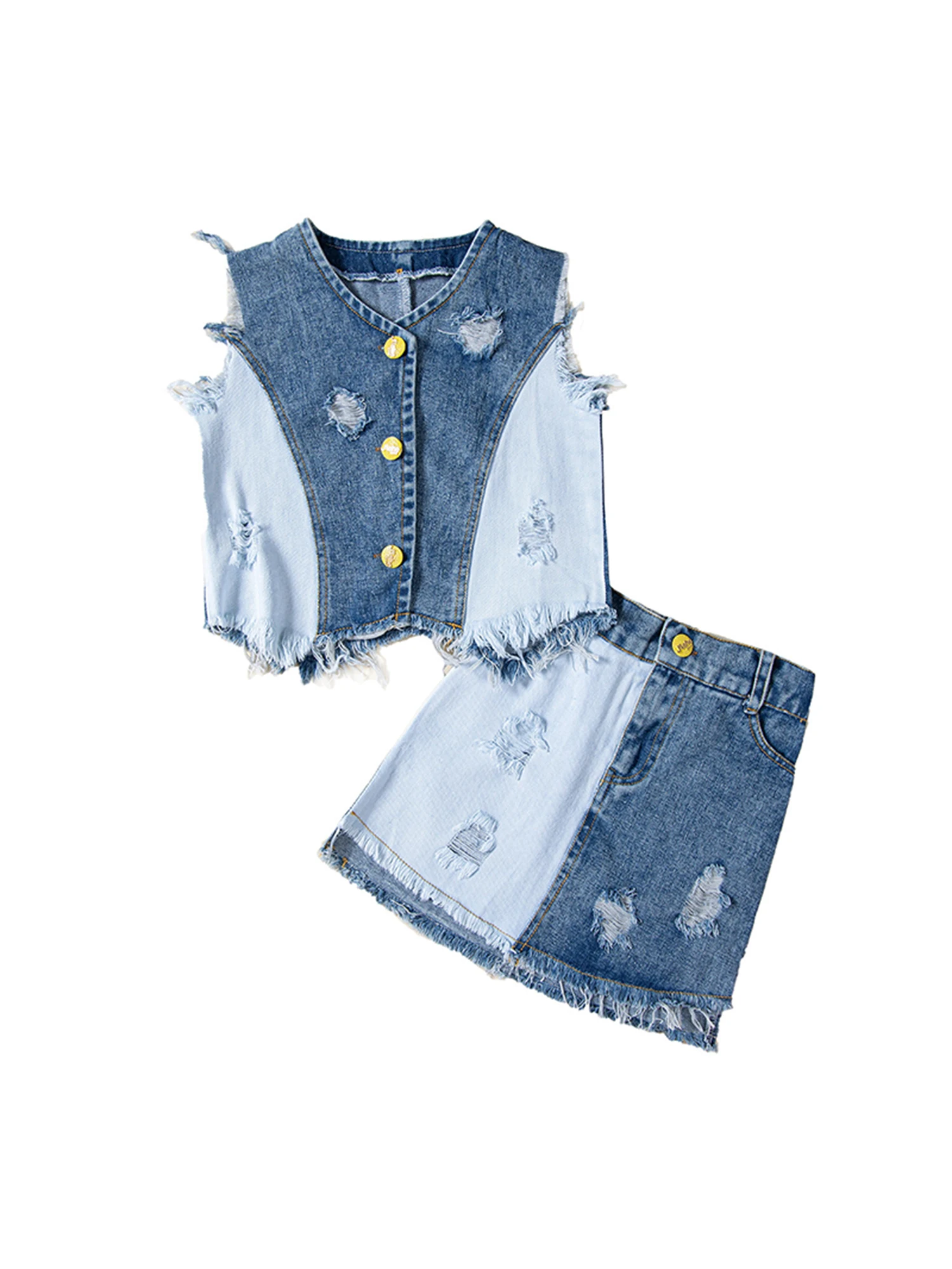 

Летняя одежда для девочек, костюмы, рваные джинсовые майки контрастных цветов без рукавов на пуговицах