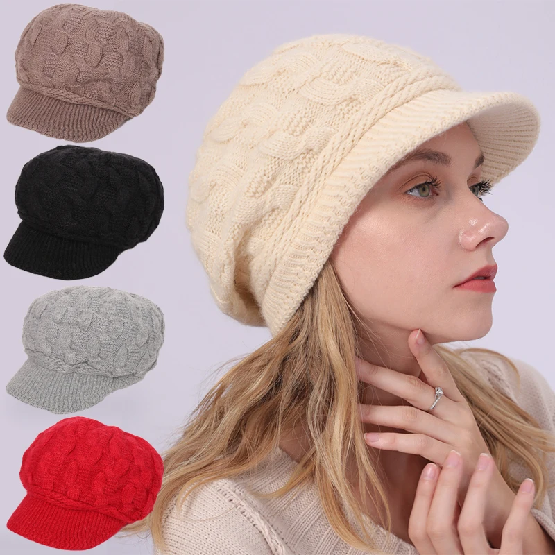 

Winter Wool Knit Beret Hat For Women Solid Casual Plush Fur Warm Short Brim Hats Fashion Soft Outdoor Warmer Ladies Caps Bonnet