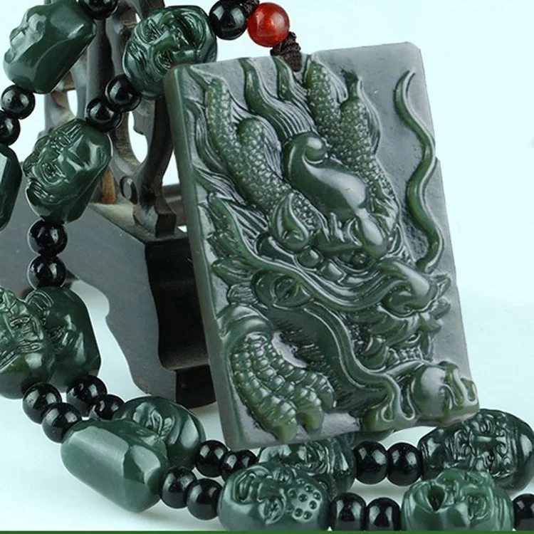 

Green Jade dragon jade Pendant Fashion Runes Necklace Jewellery Chinese Hand-Carved Relax Healing Women Man Luck Gift Free Rope