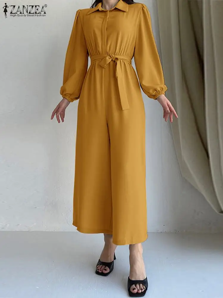 

ZANZEA Women Casual Long Sleeve Playsuit Fashion Wide Leg Pants Overalls Elegant 2023 Spring Bandage Solid Long Shirt Jumpsuit