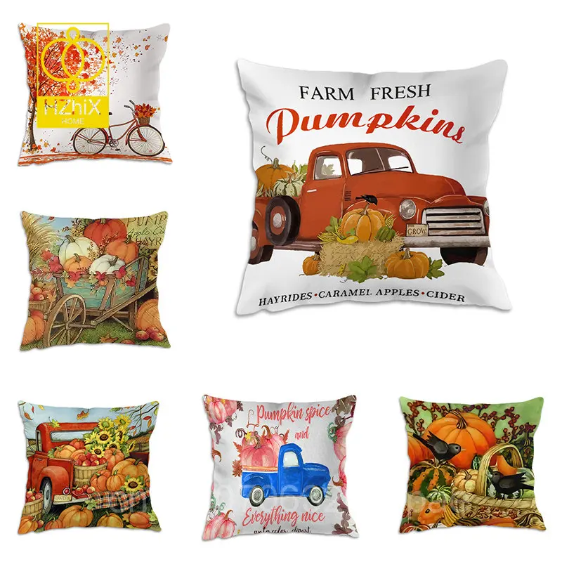 

Autumn Harvest Letter Pumpkin Car Print Pillowcase Home Decoration Living Room Bedroom Sofa Cushion Cover Waterproof Pillow Case