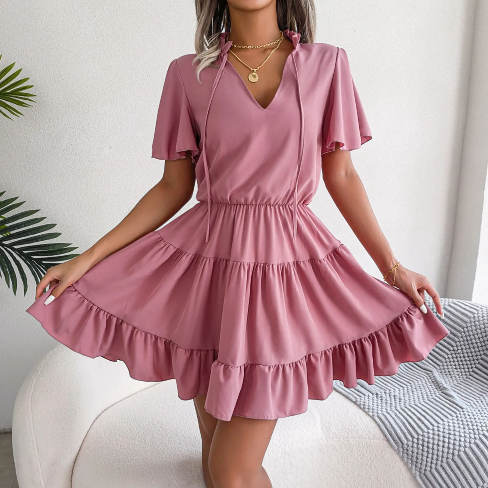 

Womens Summer Swing Mini Dress Tie Front V Neck Short Sleeve Ruffle Layer Short Dress New Years Eve Outfit Women 2022 Vestido