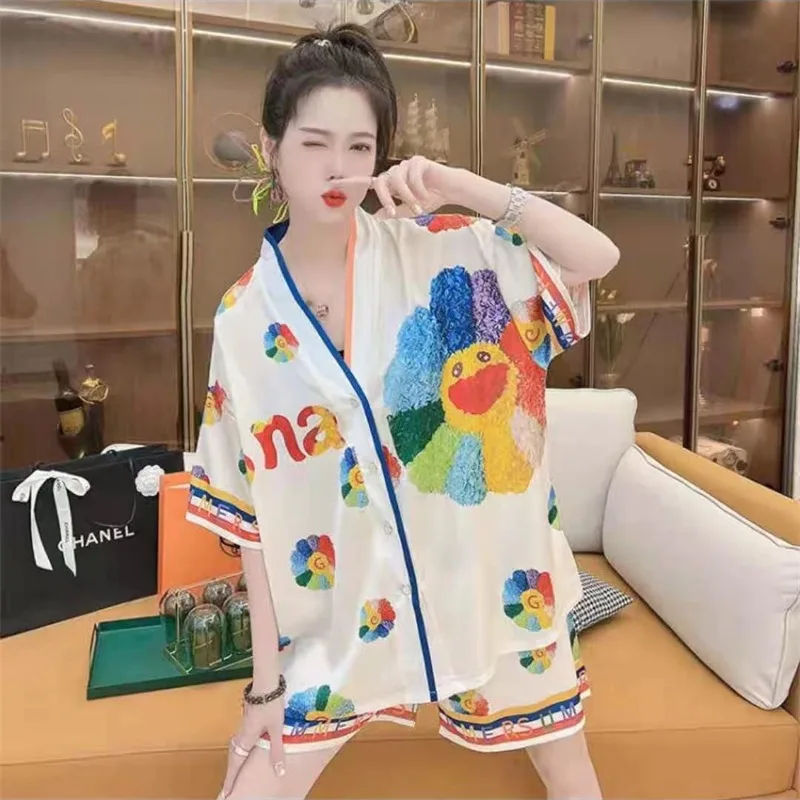 2023 Summer New SUNFLOWER Artificial Silk Short Sleeve Pajamas Women's Homewear Three-Piece Suit Women's Pajamas Suit