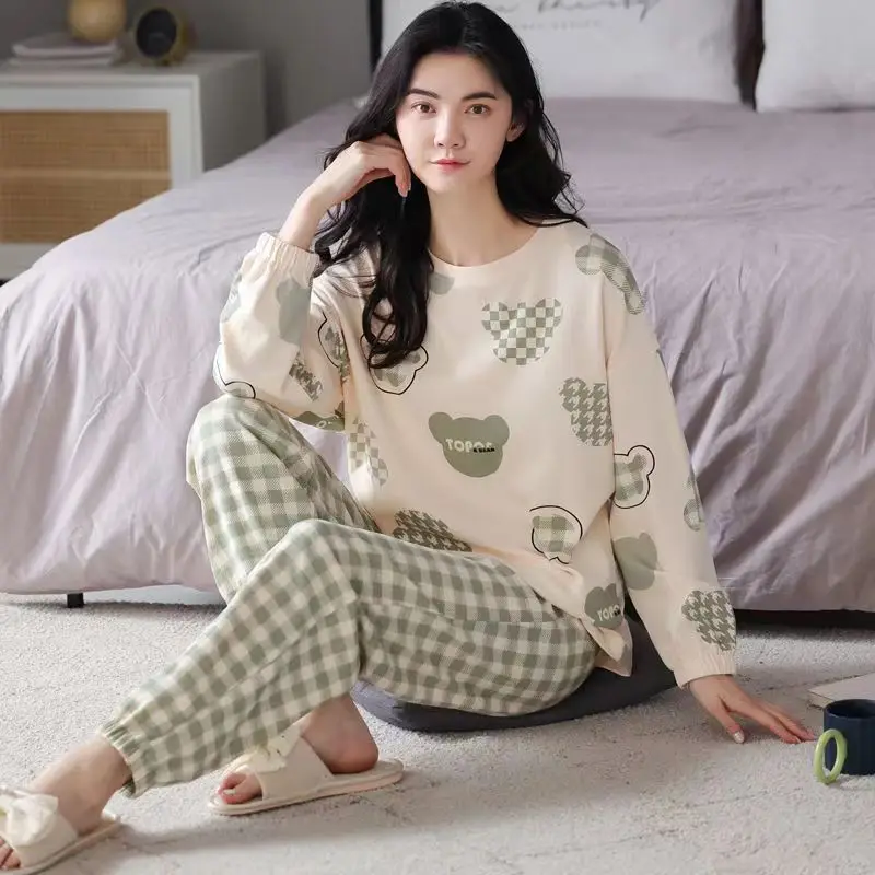 

Pajamas Ladies Spring Autumn Long Sleeve Polyester Cotton Women's Autumn and Winter Large Size Casual Autumn Homewear Set