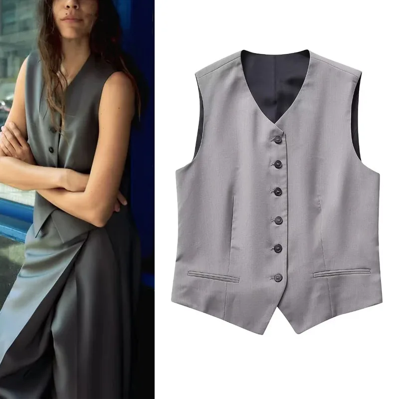 

TRAF 2023 Womans Vest Set Pant Fashion Grey Sleeveless Jacket Female Autumn V-Neck New Waistcoat Women Chic Button-Up Outerwears