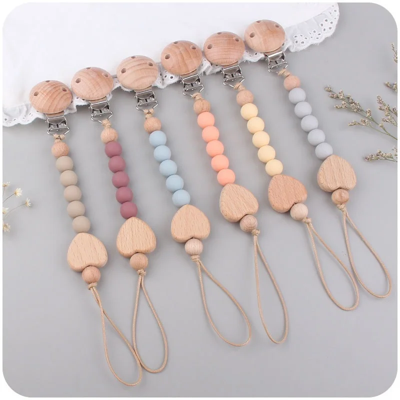 

Baby Pacifier Clips Wooden Silicone Beads Pacifier Chain Infant Nipple Clip Appease Soother Dummy Holder Wooden Teethers Toy