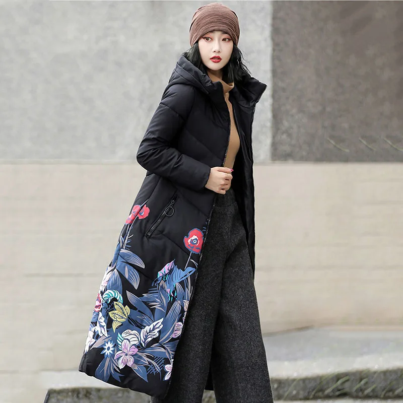 2023 Winter X-long Jacket Women Embroidery Loose Long Woman Parkas Hooded Stand Collar Cotton Padded Coat Female Overcoat enlarge