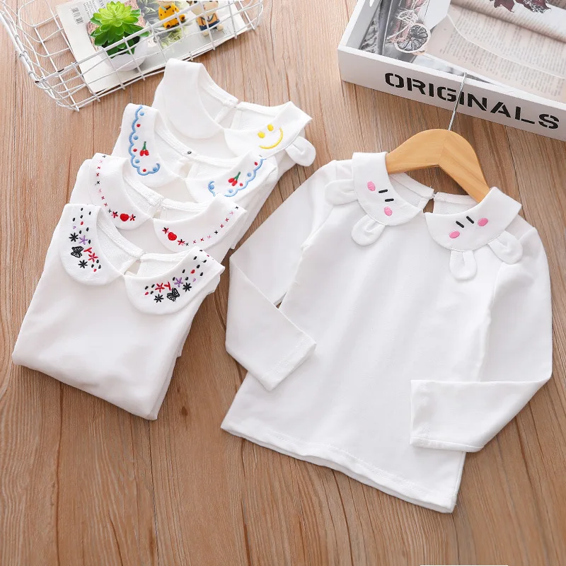 

New Spring Autumn Girls T-shirt Baby White Bottoming Shirt Long Sleeve T-shirts Little Girl Cotton Cute Doll Collar Clothing2-8Y