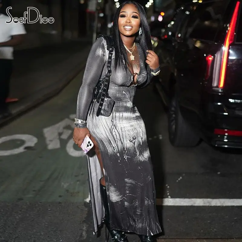 

Женское длинное платье Soefdioo, облегающее Платье макси с круглым вырезом и Боковым Разрезом, осень 2023