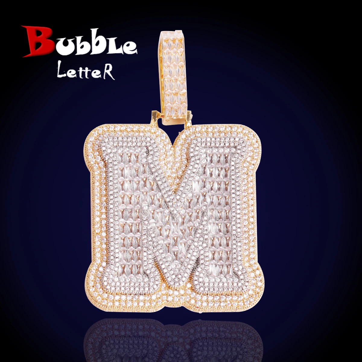 Bubble Letter A~Z Single Baguette Initial Necklace for Men Iced Out Pendant Hip Hop Rock Rapper Jewelry