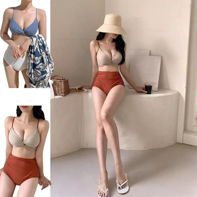 

Bikini Set Soft High Rise Swimsuits For Women Two Piece Swimsuit High Waisted Twist Front Adjustable Spaghetti Straps Bathing