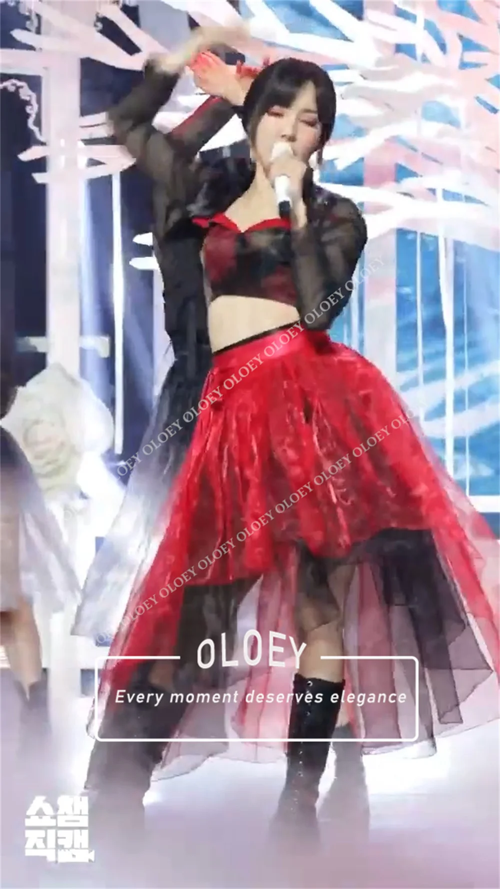 Фото Комплект OLOEY Modern Red Black Concert Hanbok из 3 предметов: корейское платье для фотосессии и выступлений из органзы, индивидуальный пошив (топ, жакет, юбка) №3