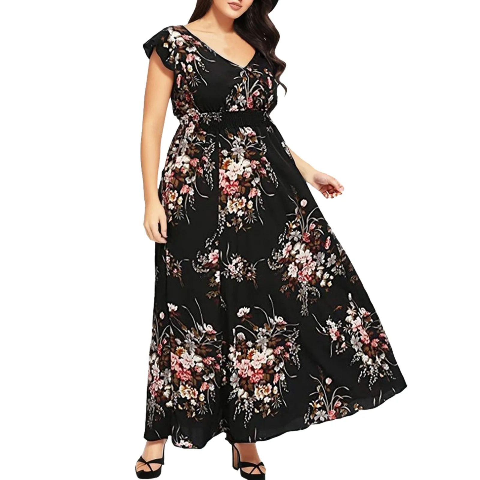 

Women Vintage Floral Boho Print Dress Elegant V Neck Sleeveless Long Evening Dresses Plus Size Female Party Prom Gowns Summer